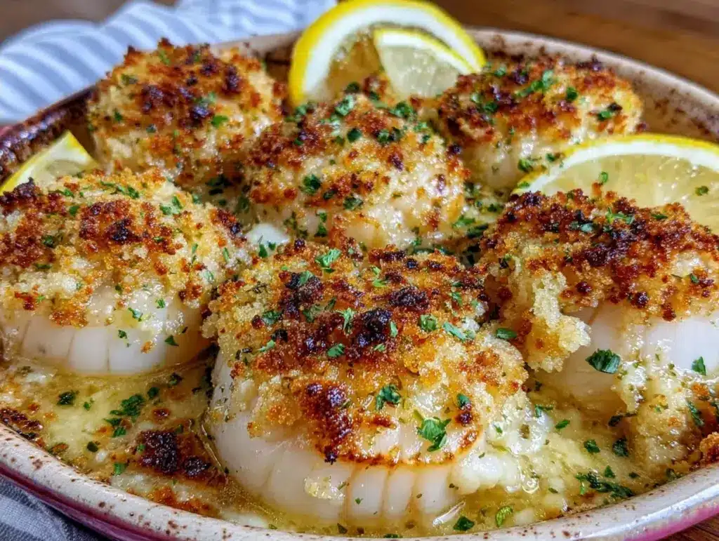 crispy garlic butter lemon scallops - featured image