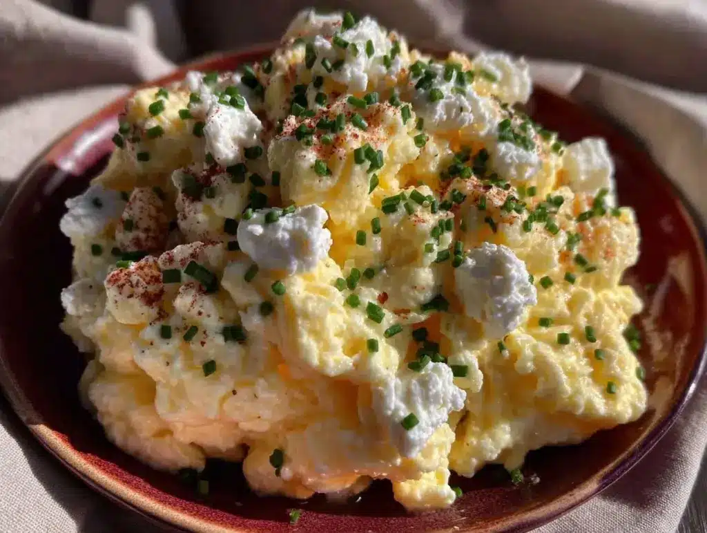 fluffy cottage cheese eggs with chives - featured image