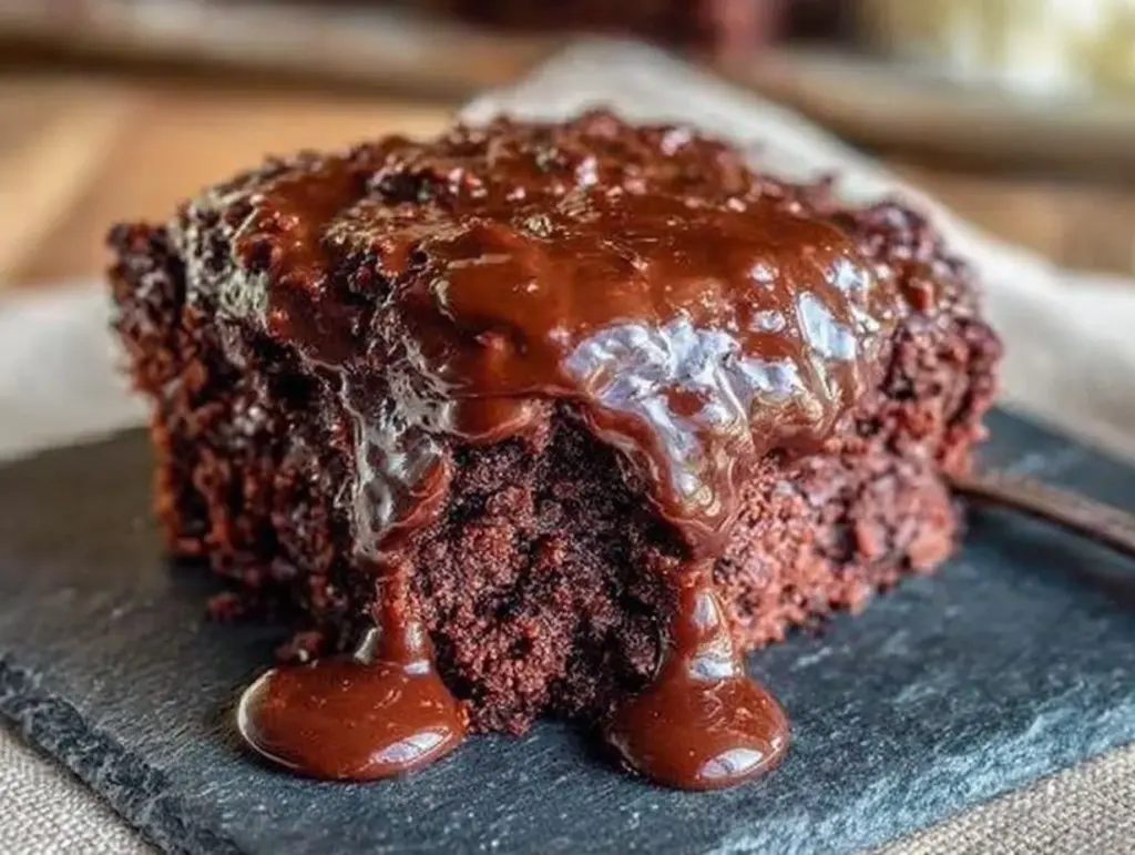 fudgy chocolate cake with warm frosting - featured image